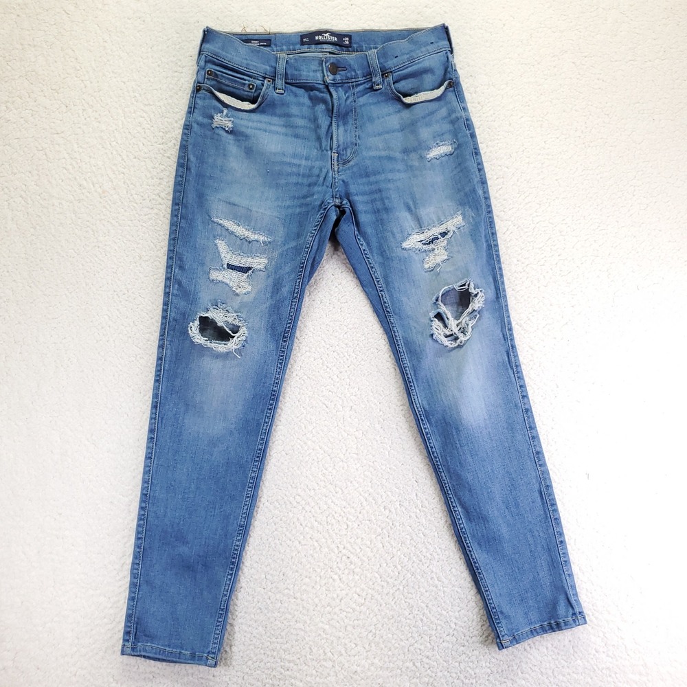 Hollister Mens Skinny Extreme Stretch Jeans Medium Wash Blue W30 L30 Distressed